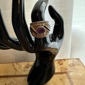 Sterling Amethyst Onyx & Marcasite Wide Band Ring Marked 925 w Makers Mark.